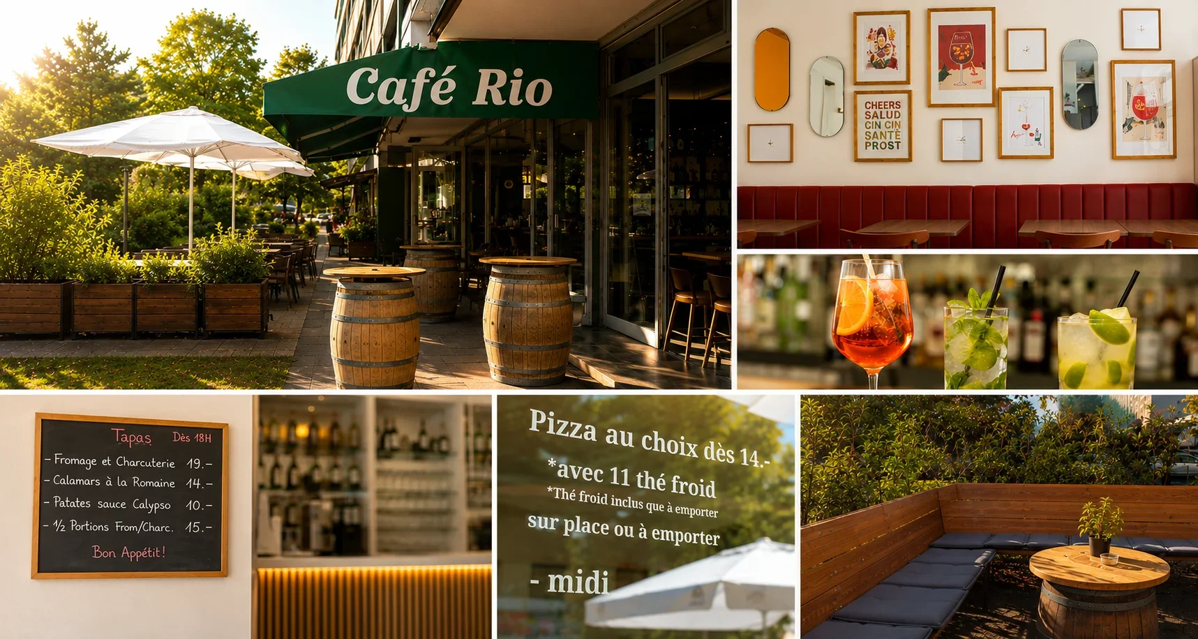 Terrasse, salle, bar et cocktails du Café Rio à Petit-Lancy